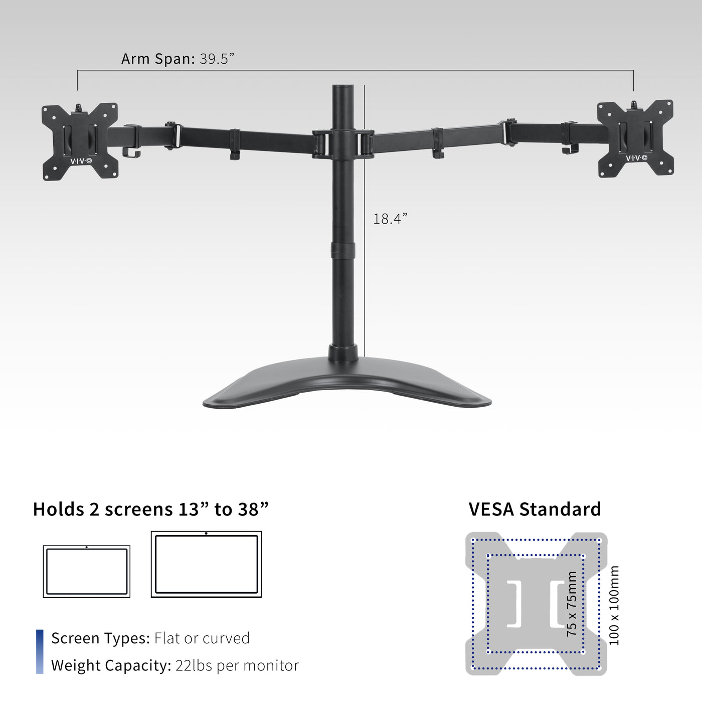 Sturdy adjustable dual monitor stand dimensions and weight capacity.
