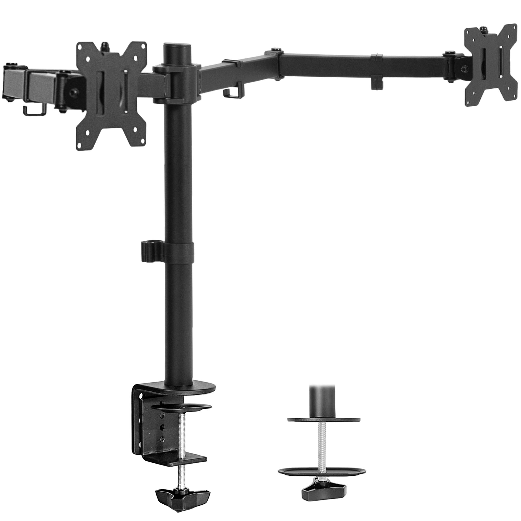 Sturdy adjustable dual monitor ergonomic desk mount for office workstation.