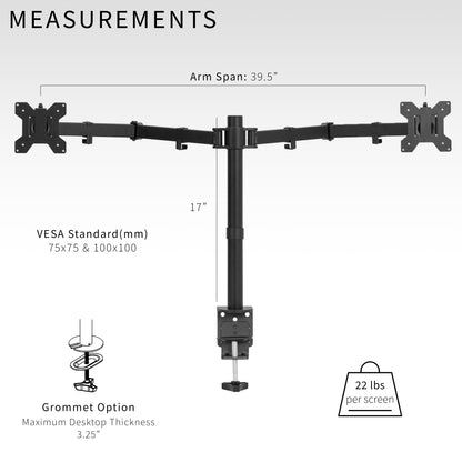 Sturdy adjustable dual monitor ergonomic desk mount for office workstation.