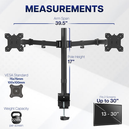 Dual Monitor Mount with measurements on a white background