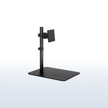 Adjustable monitor stand with glass base.