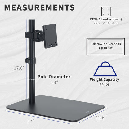 Monitor stand with measurements and specifications on a light gray background