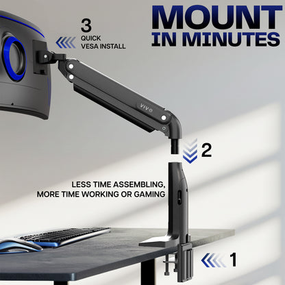Monitor arm with quick VESA install feature on a desk setup.