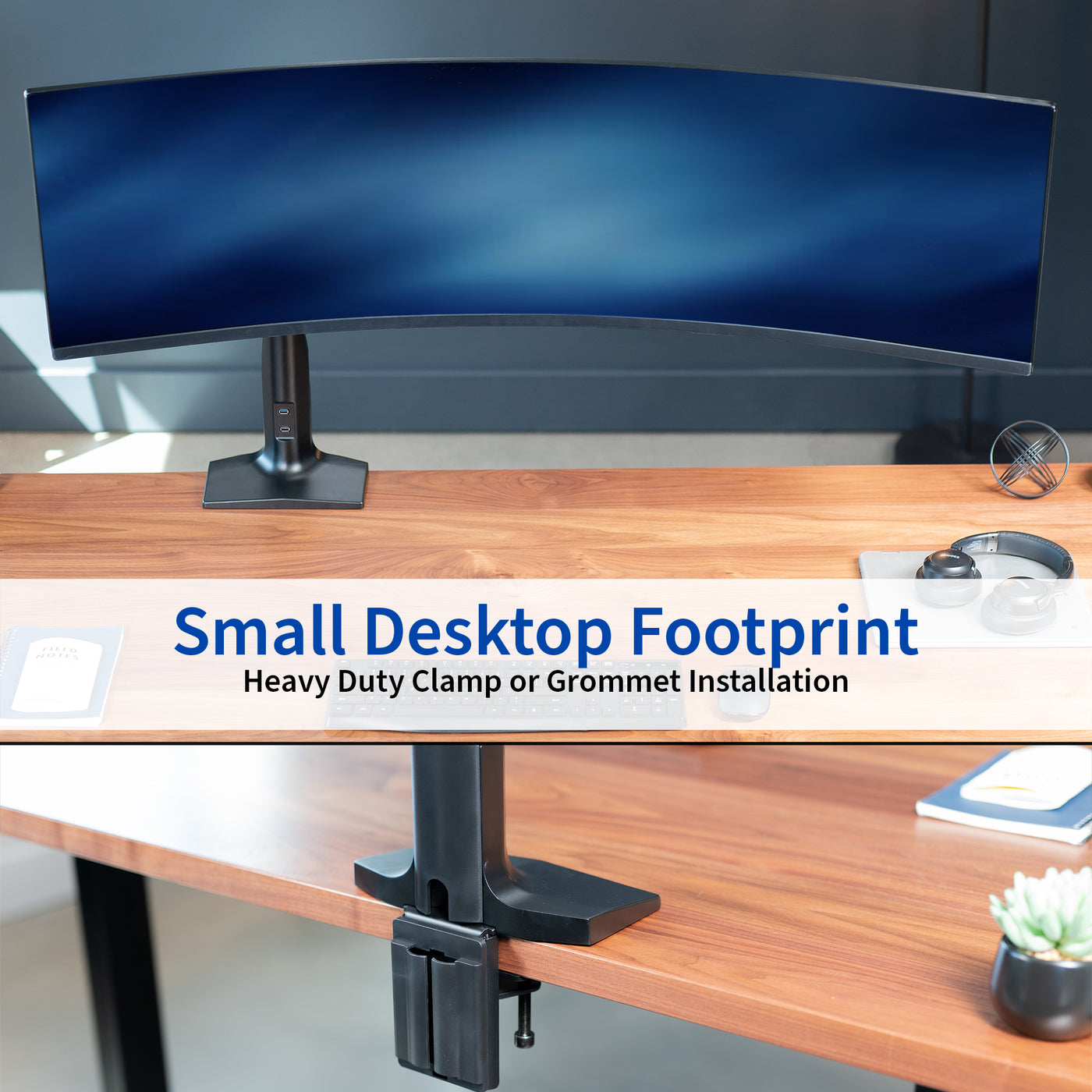 Sturdy adjustable pneumatic arm single ultrawide monitor ergonomic desk mount with USB ports for office workstation.
