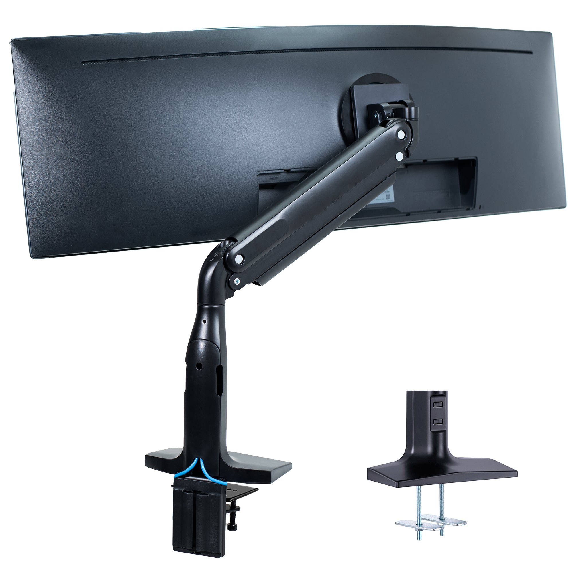 Ergonomic pneumatic arm with mounted ultrawide monitor.