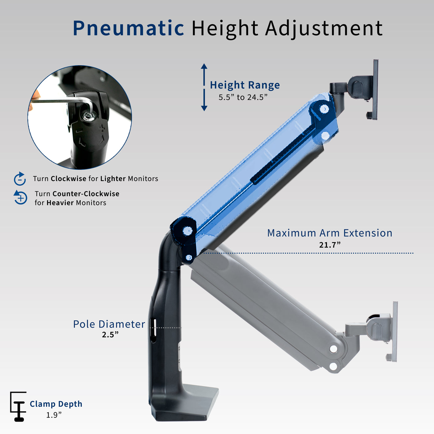Sturdy height adjustable pneumatic arm supporting a single ultrawide monitor.