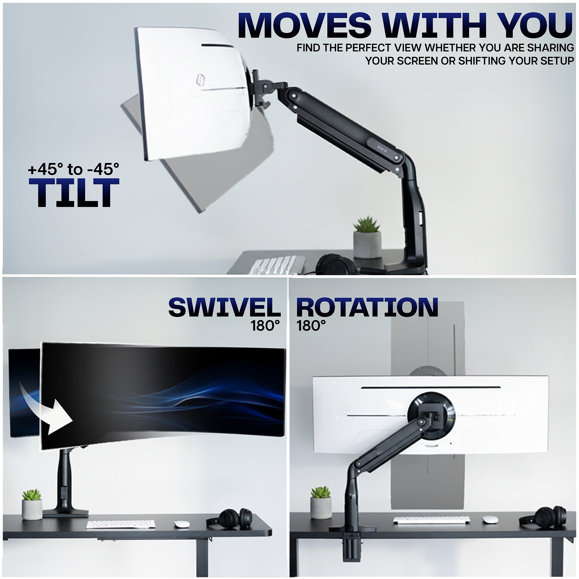 Monitor arm with tilt, swivel, and rotation features on a desk setup.