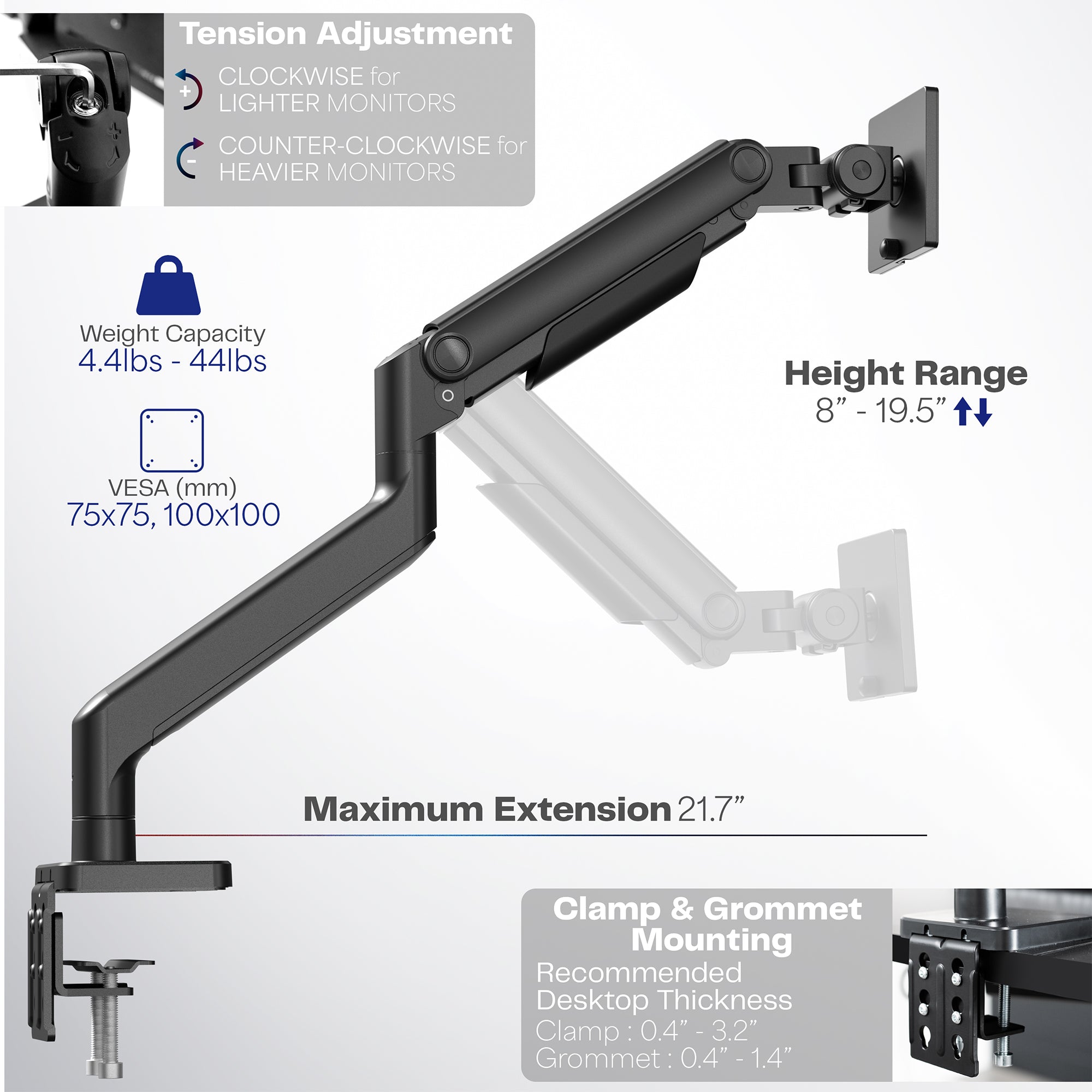 Mechanical Arm Single Ultrawide Monitor Desk Mount - Up to 49" Screens