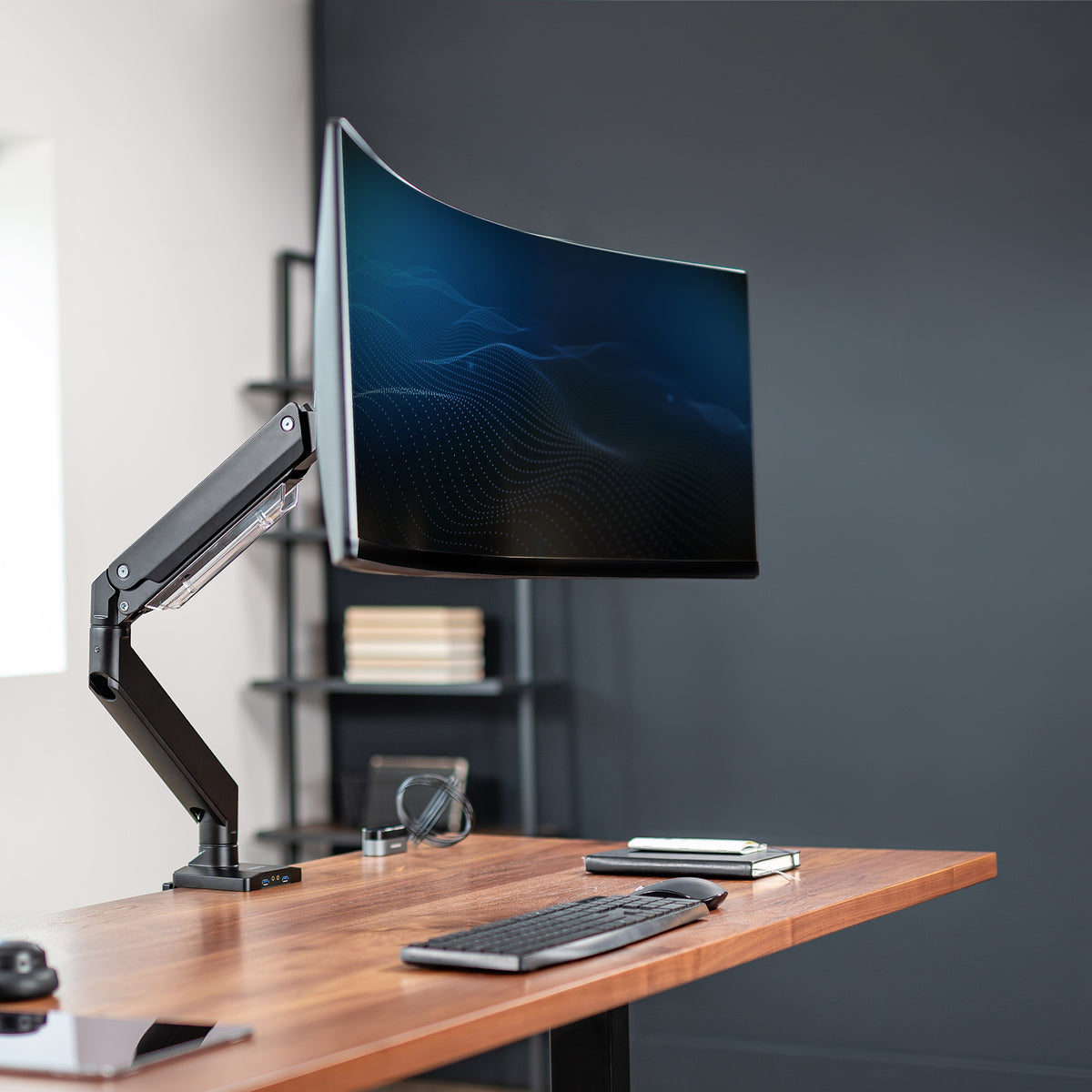 Pneumatic Arm Single Monitor Desk Mount with USB - Up to 49