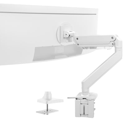 Adjustable pneumatic single monitor desk mount arm with C-clamp for modern workstations.
