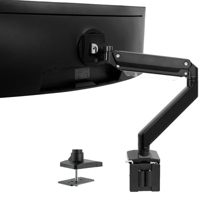 Sturdy adjustable pneumatic arm single ultrawide monitor ergonomic desk mount for office workstation.