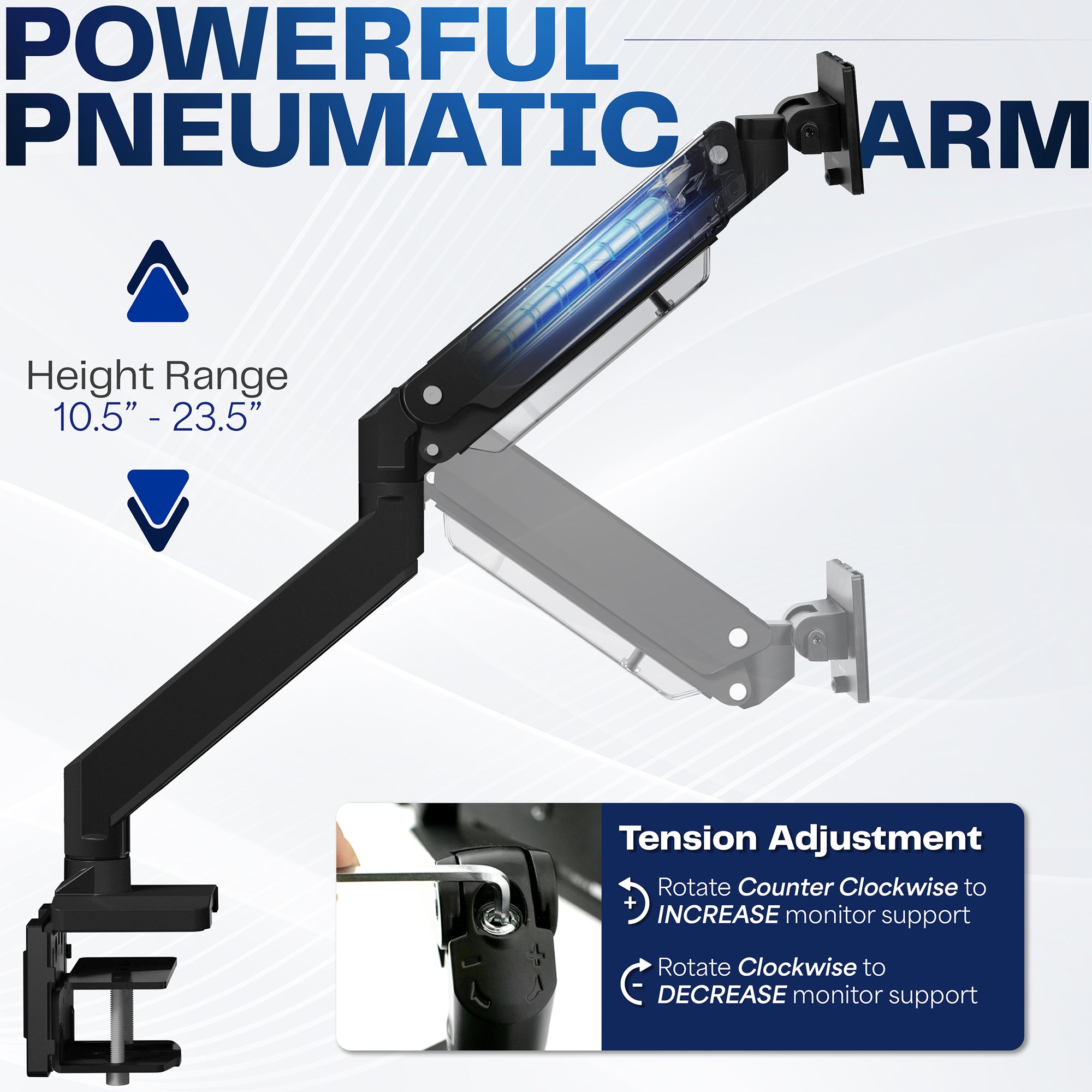 Powerful pneumatic arm with height range and tension adjustment instructions on a white background