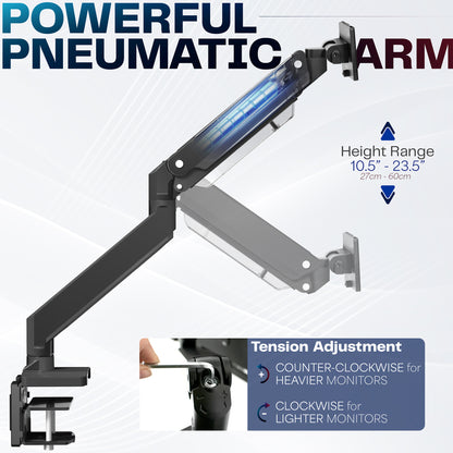 Sturdy adjustable pneumatic arm single ultrawide monitor ergonomic desk mount for office workstation.