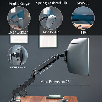 Sturdy adjustable pneumatic arm single ultrawide monitor ergonomic desk mount for office workstation