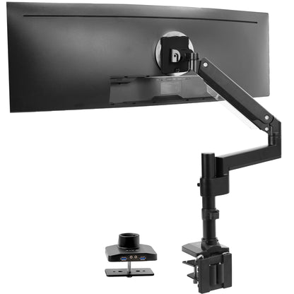 Sturdy adjustable pneumatic arm single ultrawide monitor ergonomic desk mount with USB ports for office workstation.