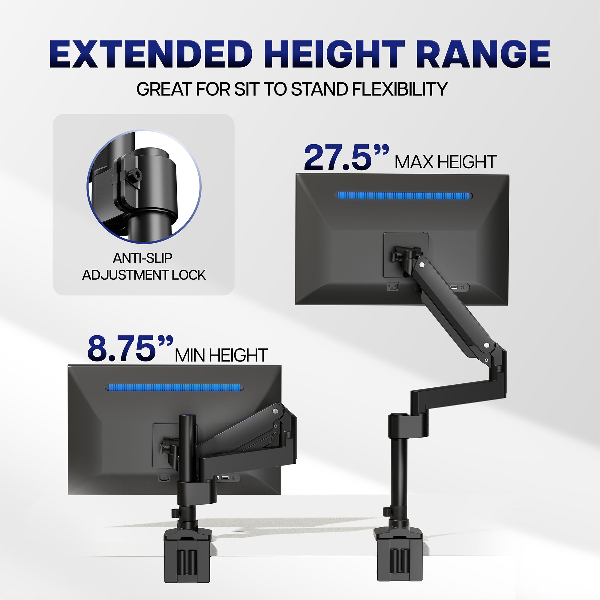 Pneumatic Arm Single Ultrawide Monitor Desk Mount with USB with extended height range and anti-slip adjustment lock