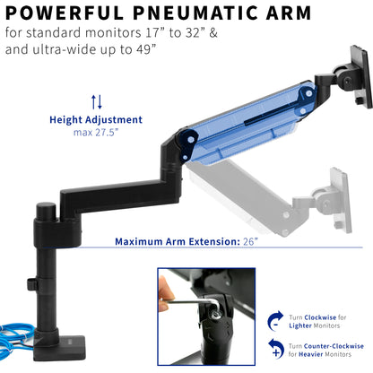 Sturdy adjustable pneumatic arm single ultrawide monitor ergonomic desk mount with USB ports for office workstation.