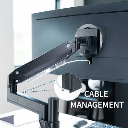 Sturdy adjustable pneumatic arm single ultrawide monitor ergonomic desk mount with USB ports for office workstation.