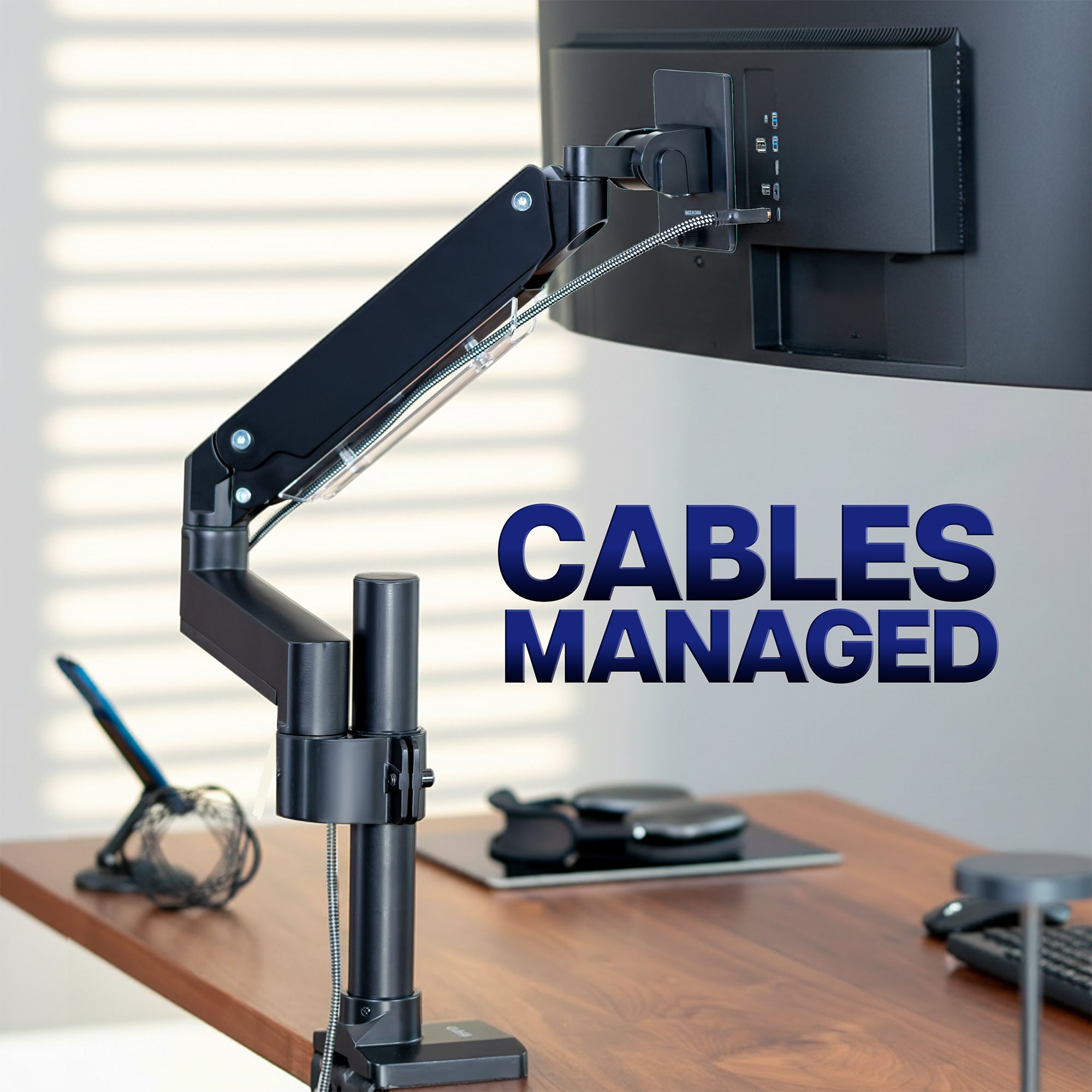 Pneumatic Arm Single Ultrawide Monitor Desk Mount with USB Ports