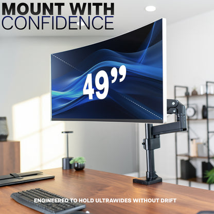 49-inch monitor on a desk with 'Mount with Confidence' text and product features.