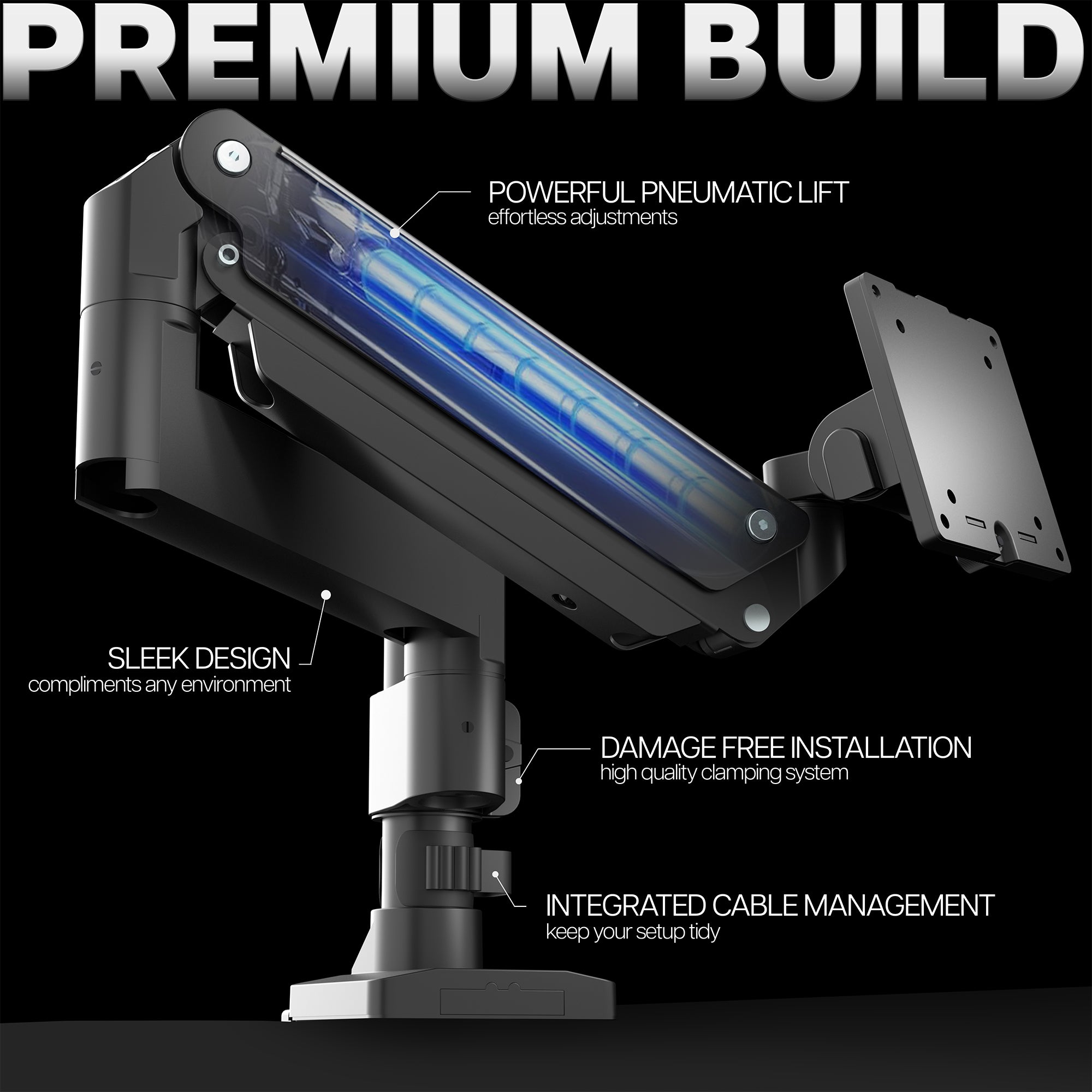 Pneumatic Arm Single Monitor Desk Mount with features highlighted on a black background