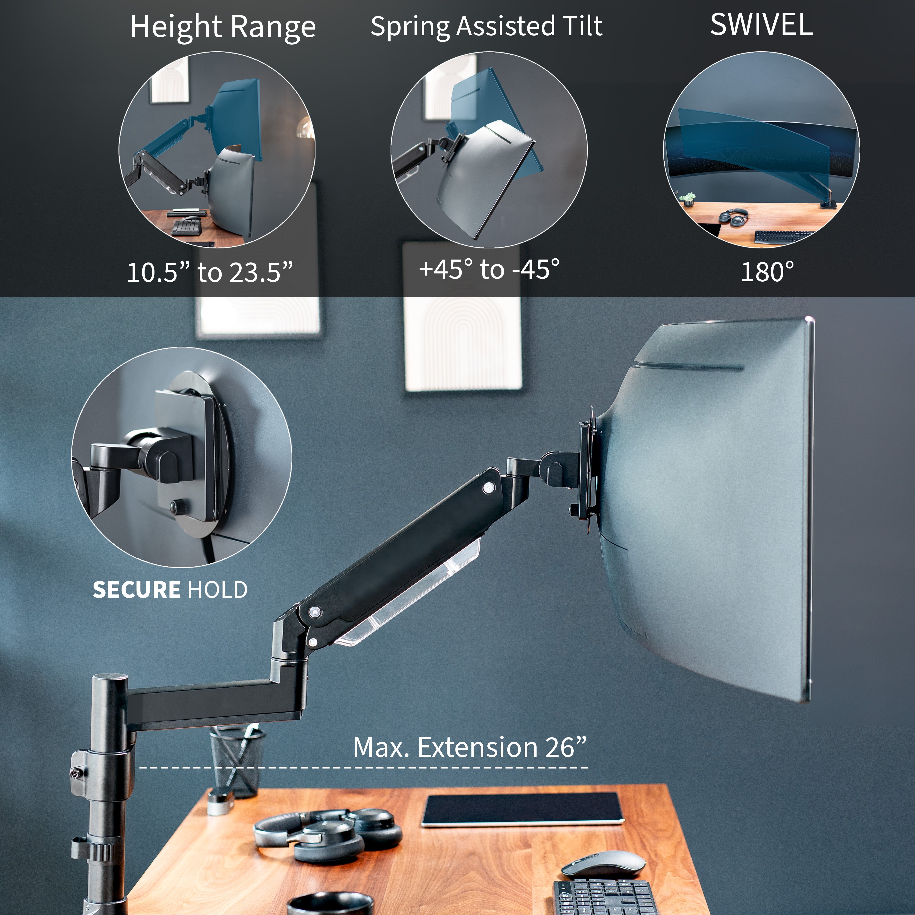 Sturdy adjustable pneumatic arm single ultrawide monitor ergonomic desk mount for office workstation.