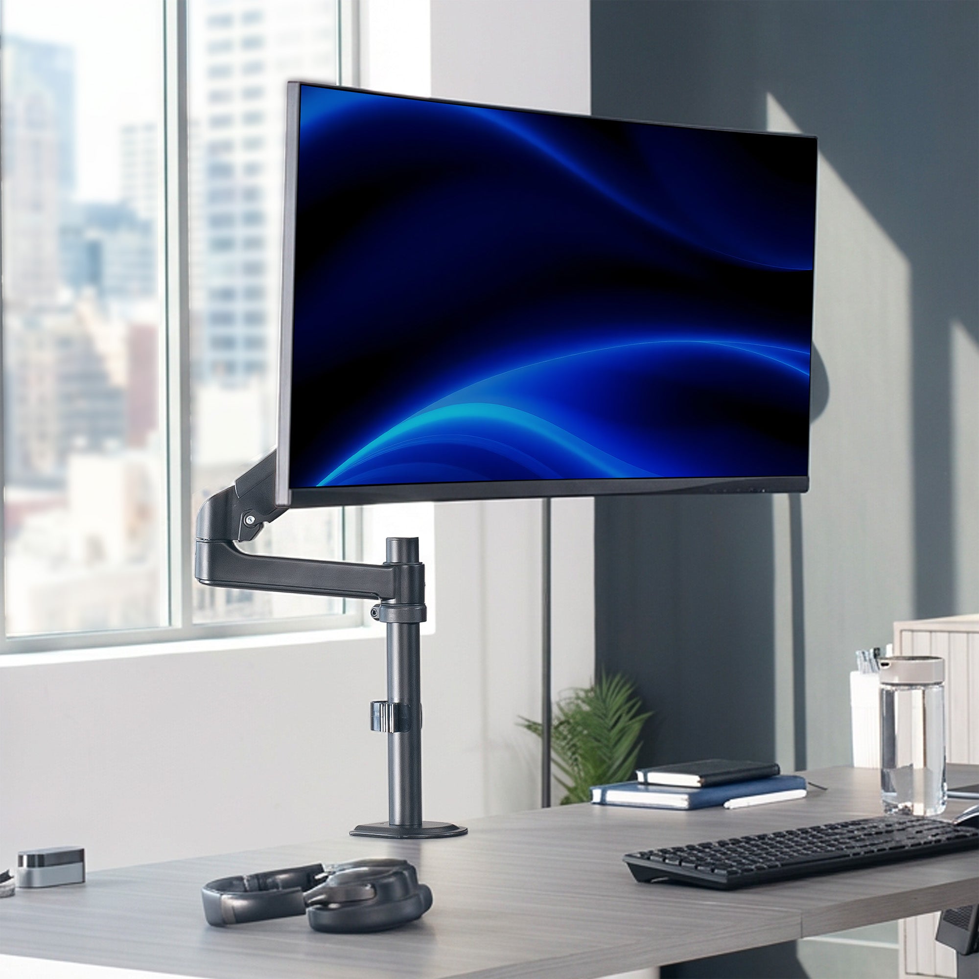 Sturdy adjustable pneumatic arm single monitor ergonomic desk mount for office workstation.