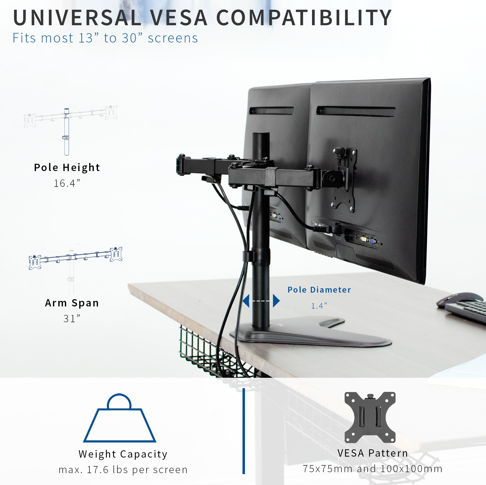 Monitor stand with VESA compatibility features on a white background