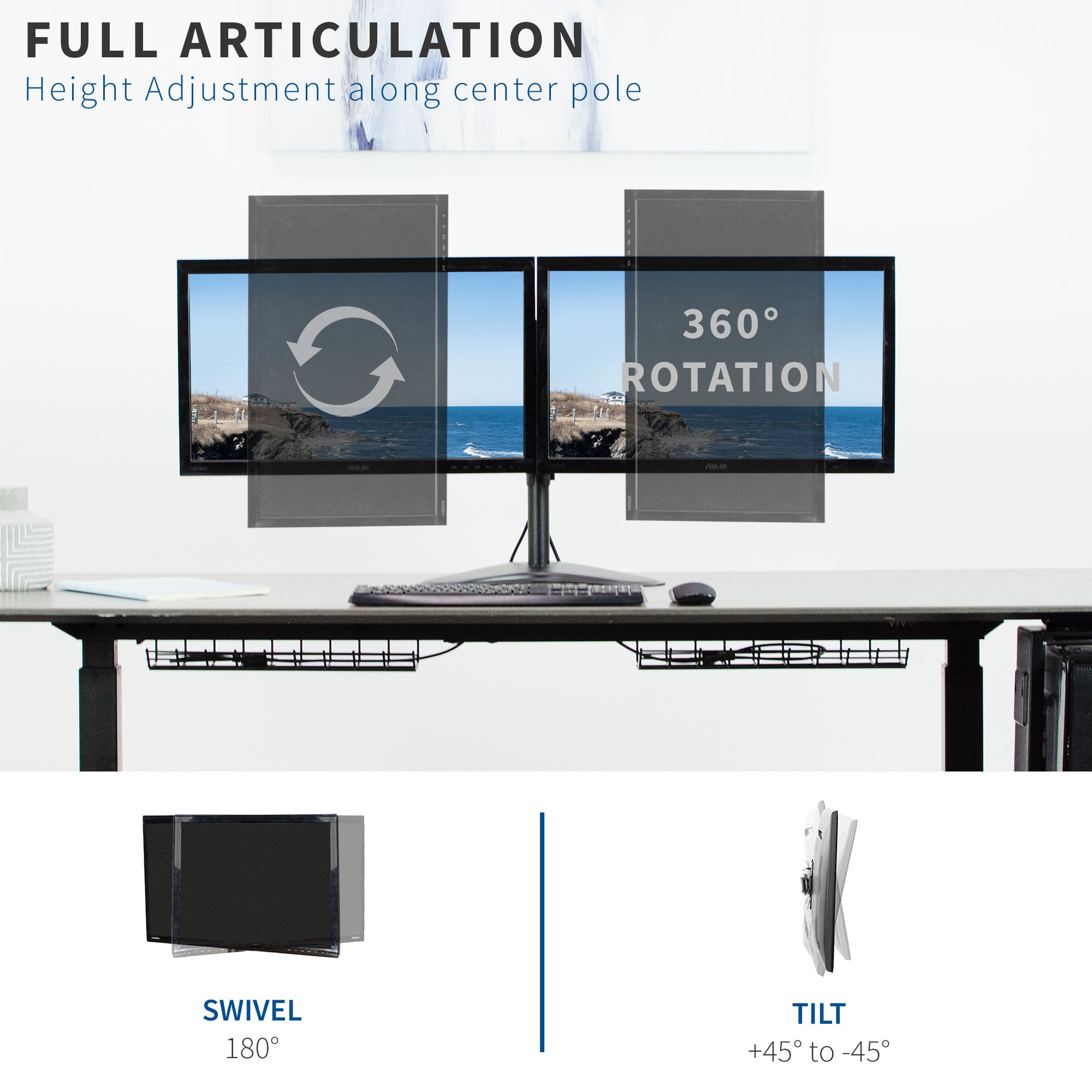 Computer setup with multiple monitors on a desk, featuring swivel, tilt, and rotation capabilities.