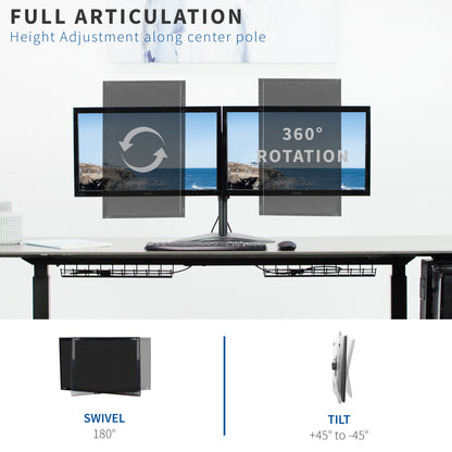 Computer setup with multiple monitors on a desk, featuring swivel, tilt, and rotation capabilities.