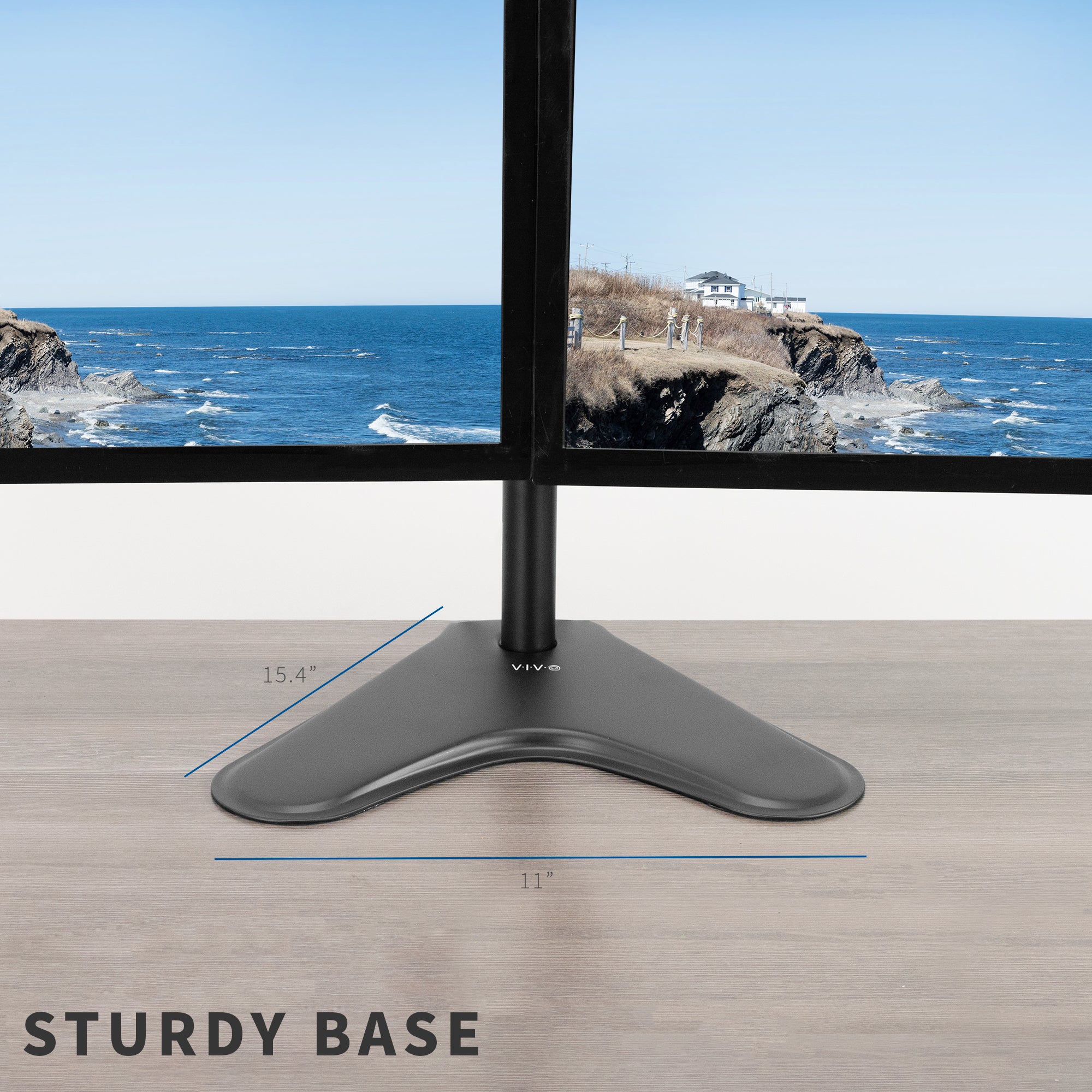 Table base with measurements against a scenic ocean backdrop