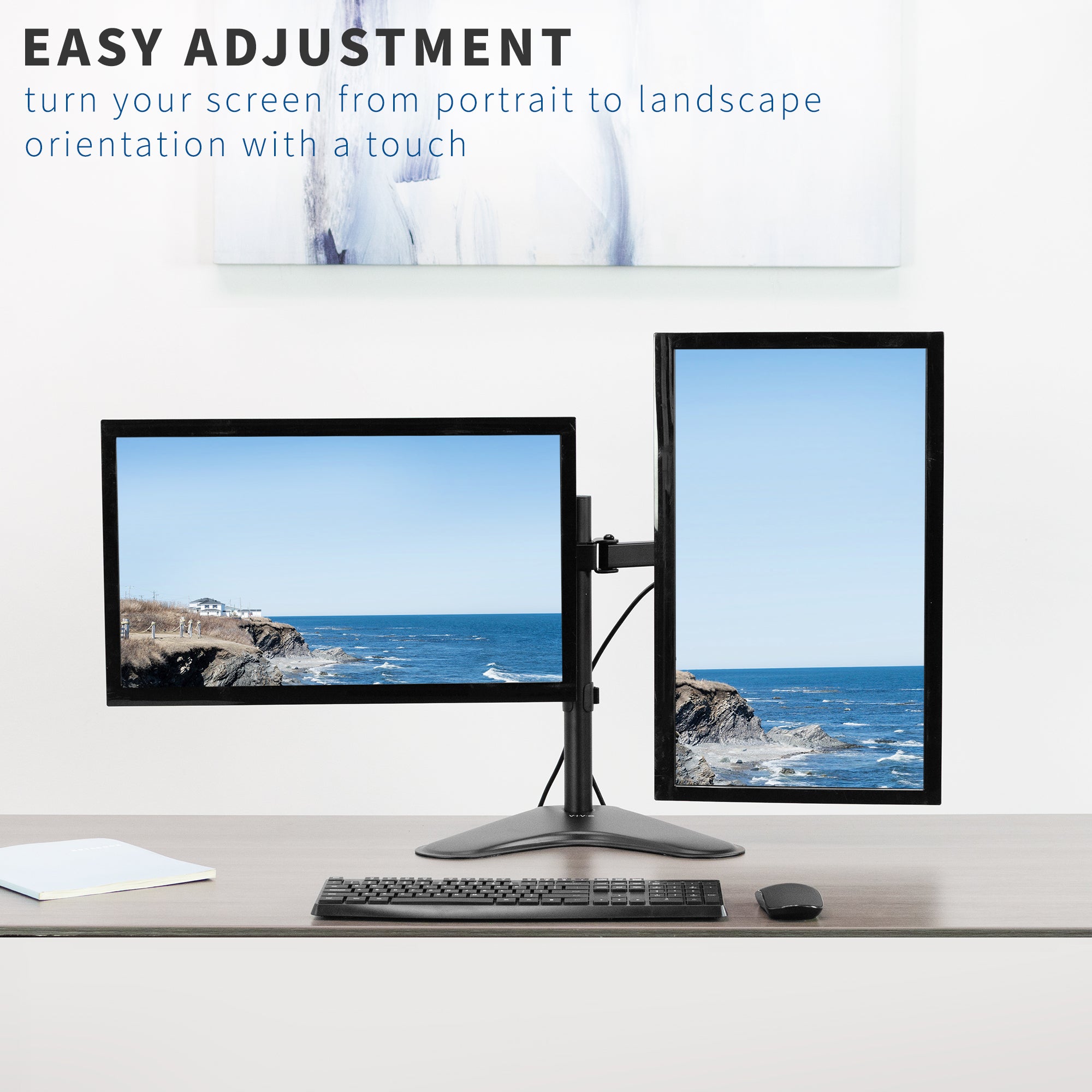 Two computer monitors on a desk with a keyboard and mouse, featuring text about screen orientation adjustment.