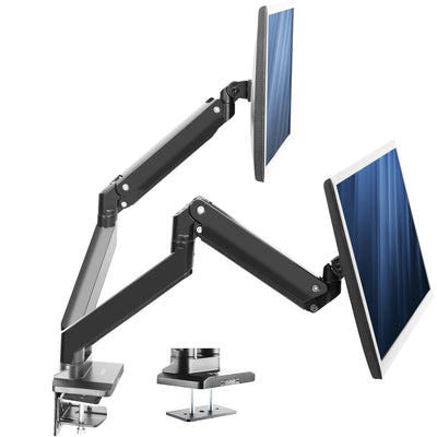 Adjustable pneumatic dual monitor desk mount with USB ports for ultrawide monitors.