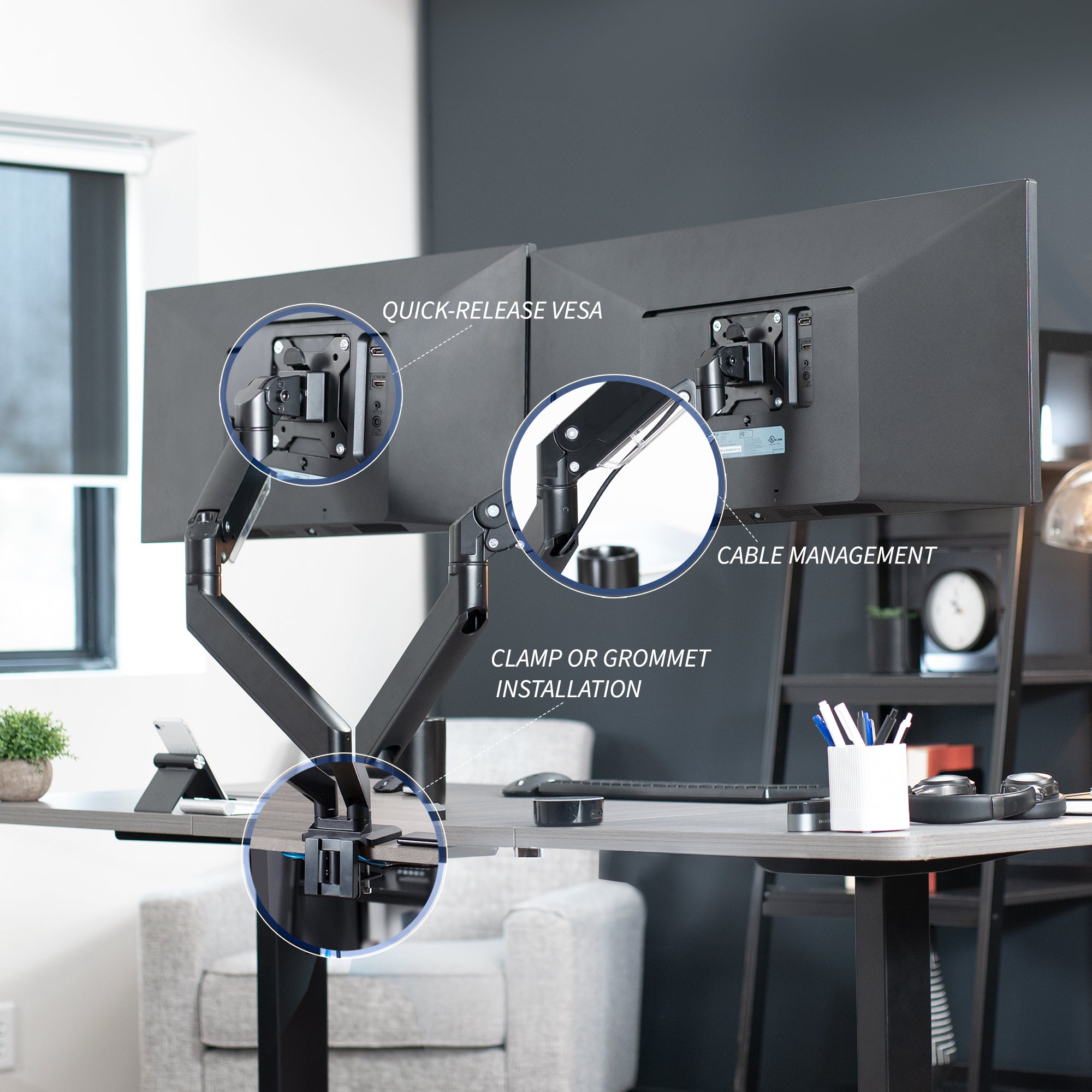 Adjustable pneumatic dual monitor desk mount with USB ports for ultrawide monitors.