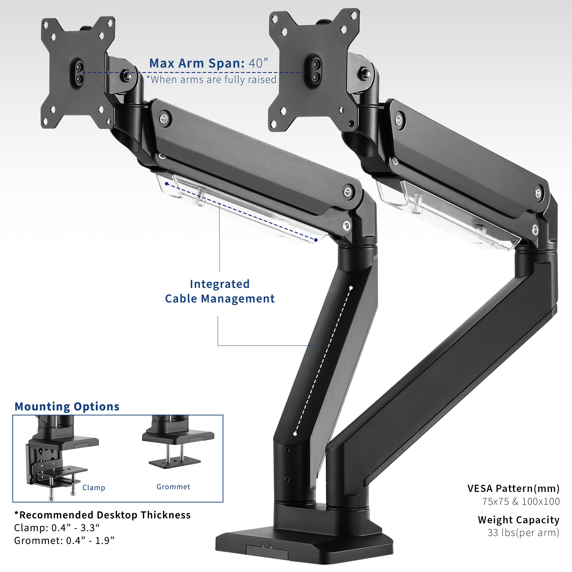 Adjustable pneumatic dual monitor desk mount for ultrawide monitors.