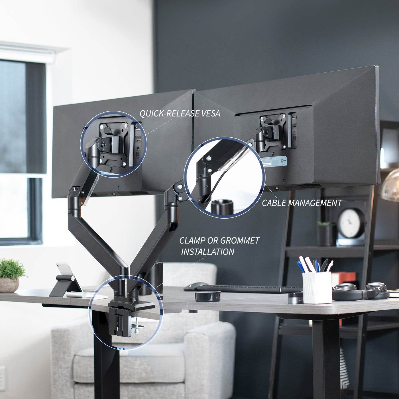 Pneumatic Arm Dual Ultrawide Monitor Desk Mount – VIVO - desk