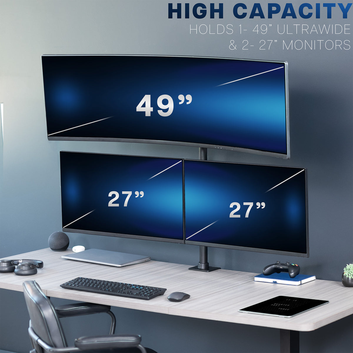 Triple Monitor Desk Mount (1 Ultrawide + 2 Standard) - Up to 49