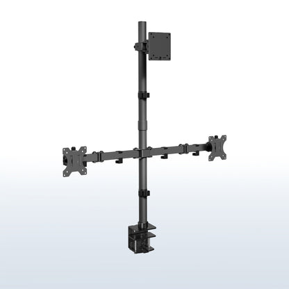 Black monitor stand with multiple arm extensions on a white background