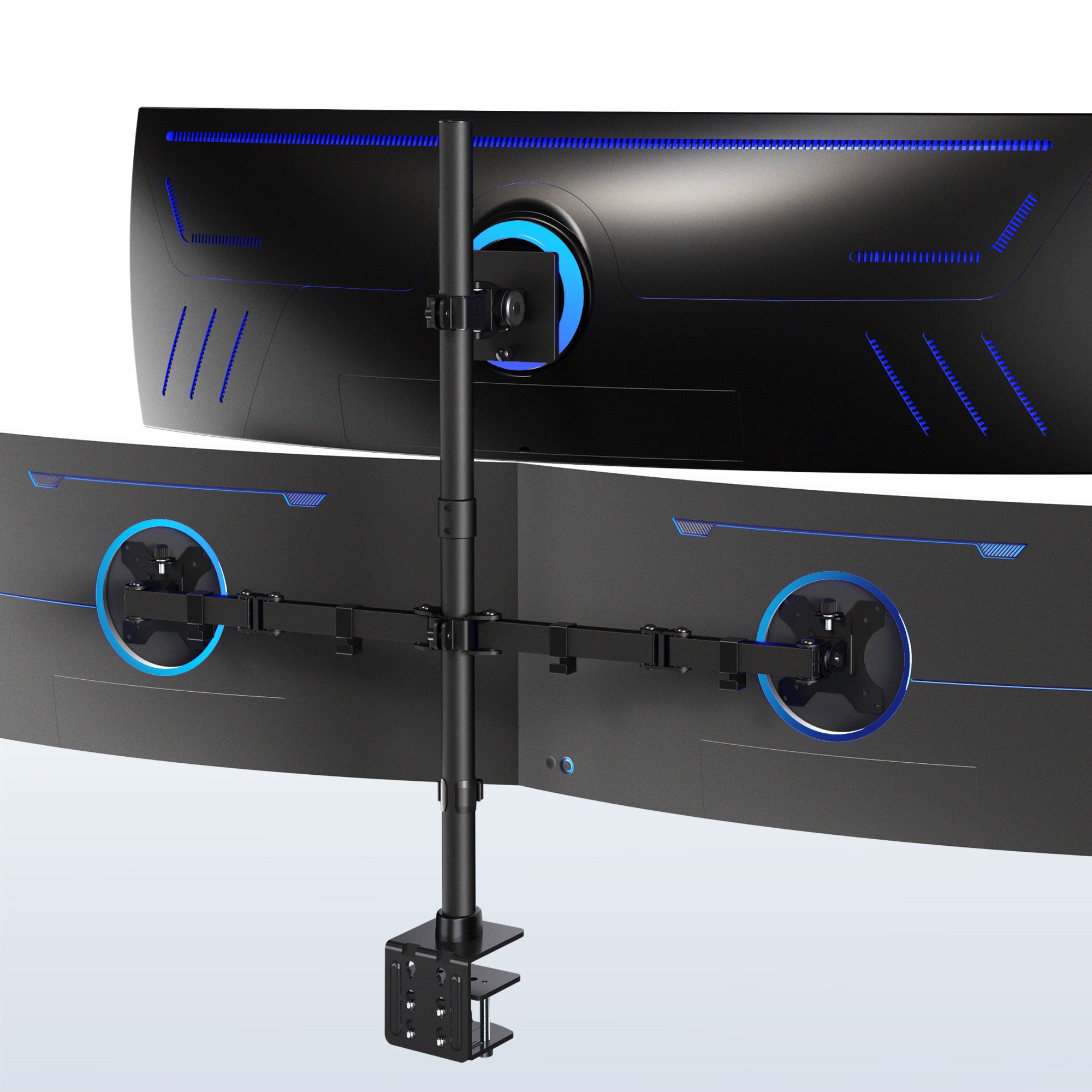 Three computer monitors on a desk with a keyboard and mouse.