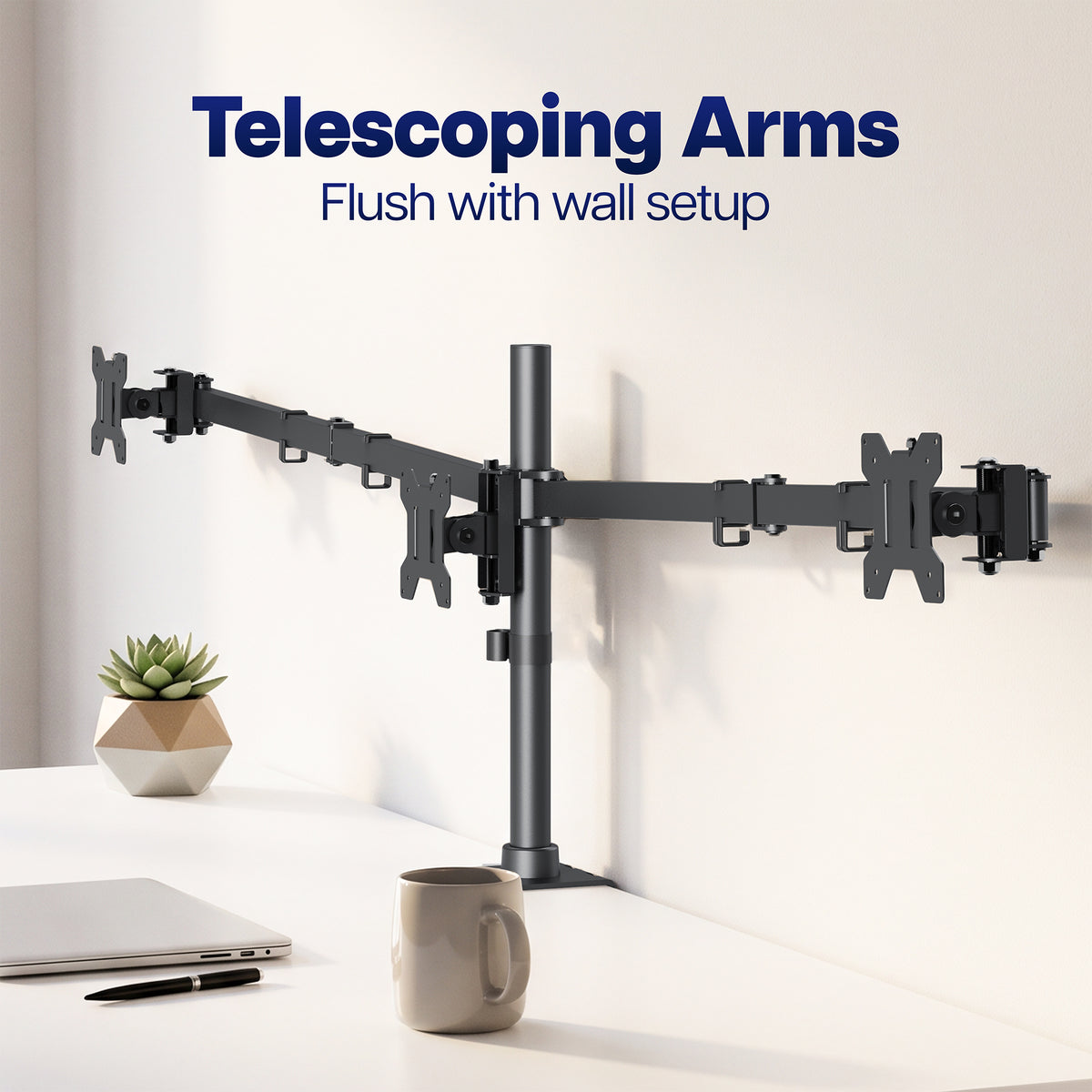 A 3-monitor desktop monitor arm with telescoping arms mounted on a white wall above a desk. The image includes the text 'Telescoping Arms Flush with wall setup' at the top, with a laptop, pen, small potted succulent, and mug on the desk.