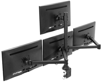 Quad monitor desk mount gives user multiple screens on one stand to multitask and have more viewing flexibility.