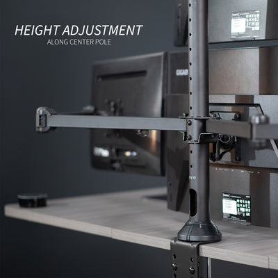 Quad monitor desk mount gives user multiple screens on one stand to multitask and have more viewing flexibility.