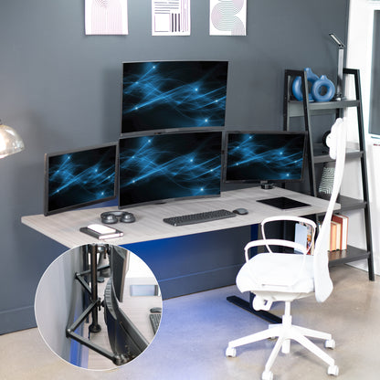 Quad monitor desk mount gives user multiple screens on one stand to multitask and have more viewing flexibility.