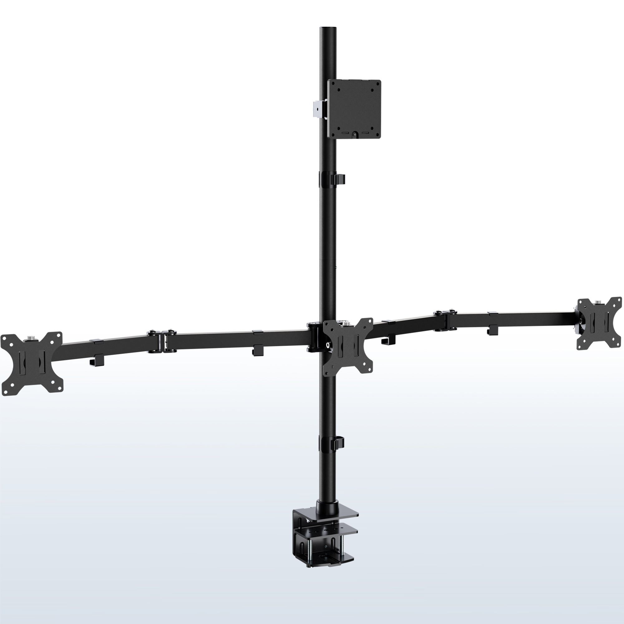 Quad monitor stand with four screens on a white background
