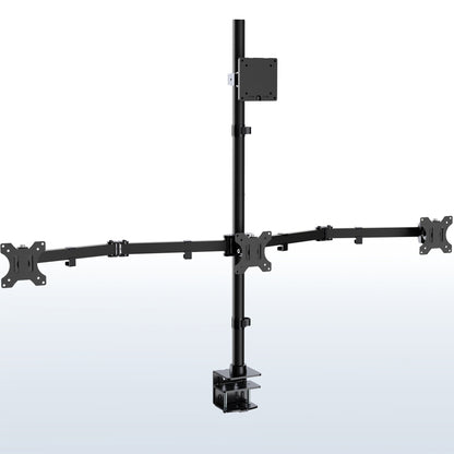 Quad monitor stand with four screens on a white background