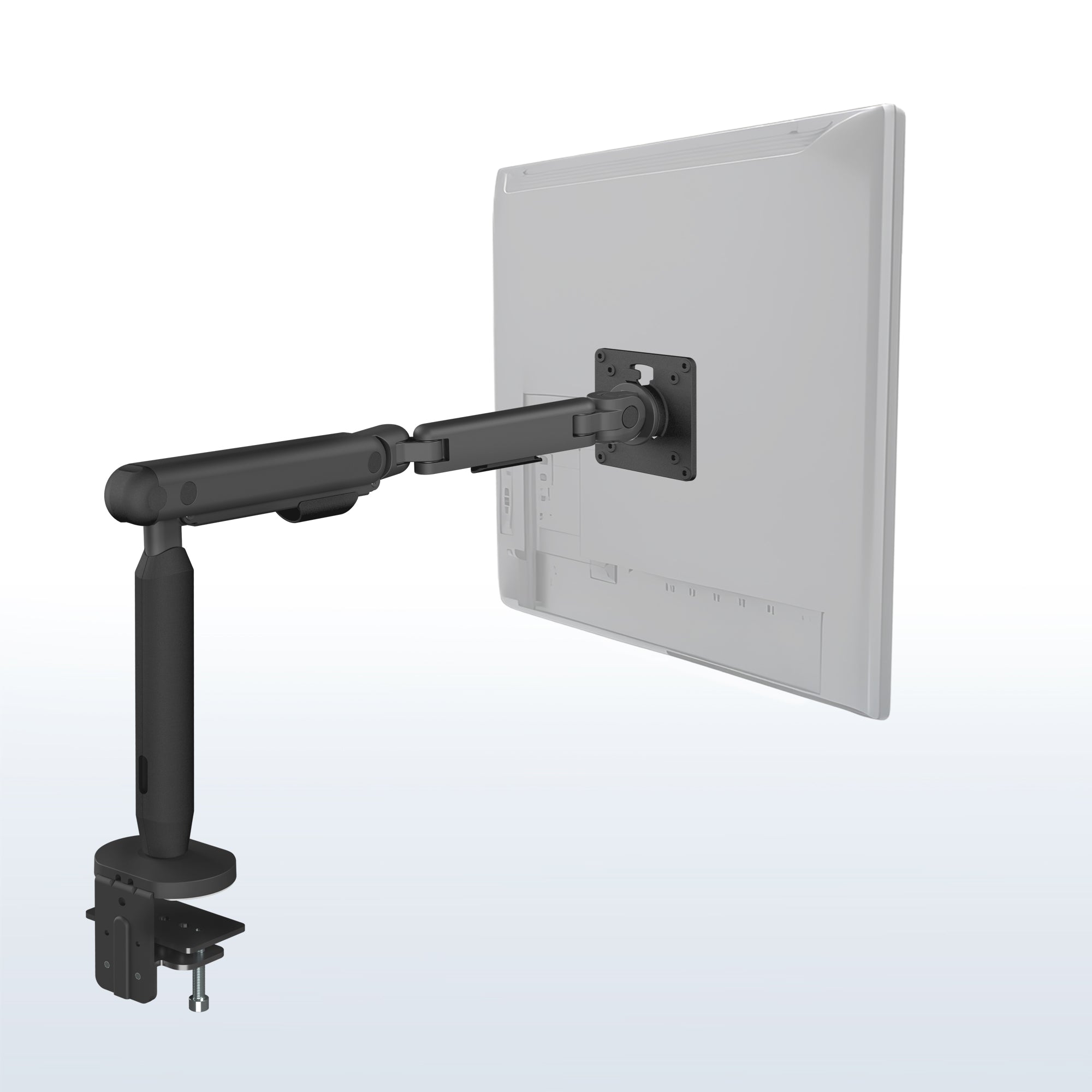 Black monitor arm attached to a computer screen on a white background