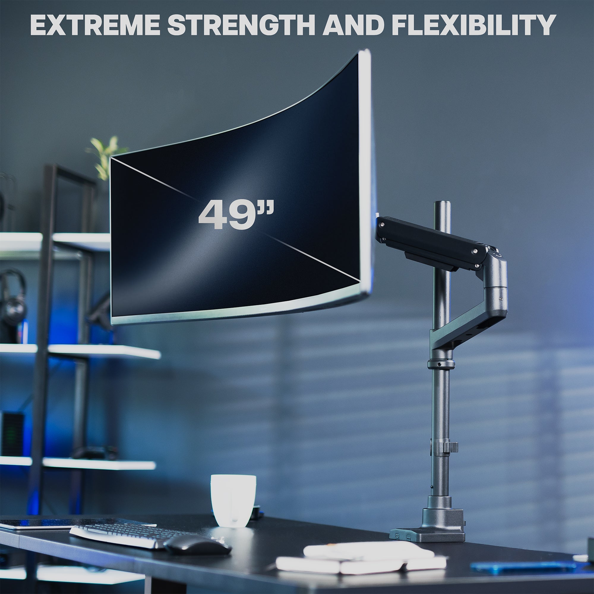 49-inch monitor on a desk with text above.