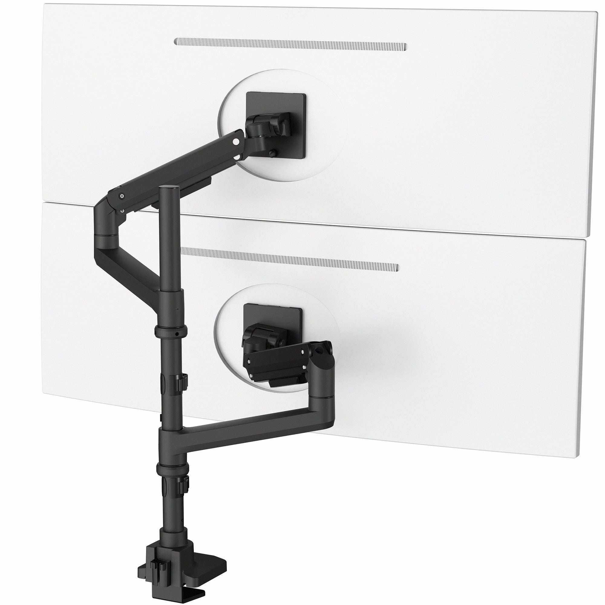 Dual monitor ultrawide desk mount with extending arms. Featuring height adjustment, tilt, swivel, rotation, and integrated cable management.