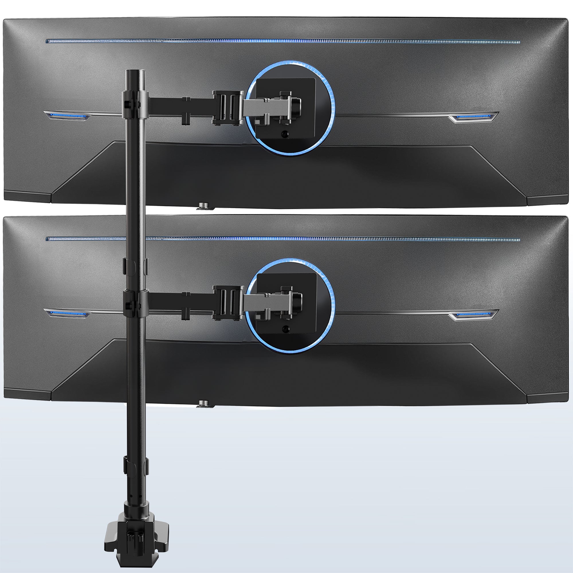 Two computer monitors on a stand with a light blue background