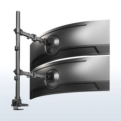 Two ultrawide computer monitors on a stand with a light blue background